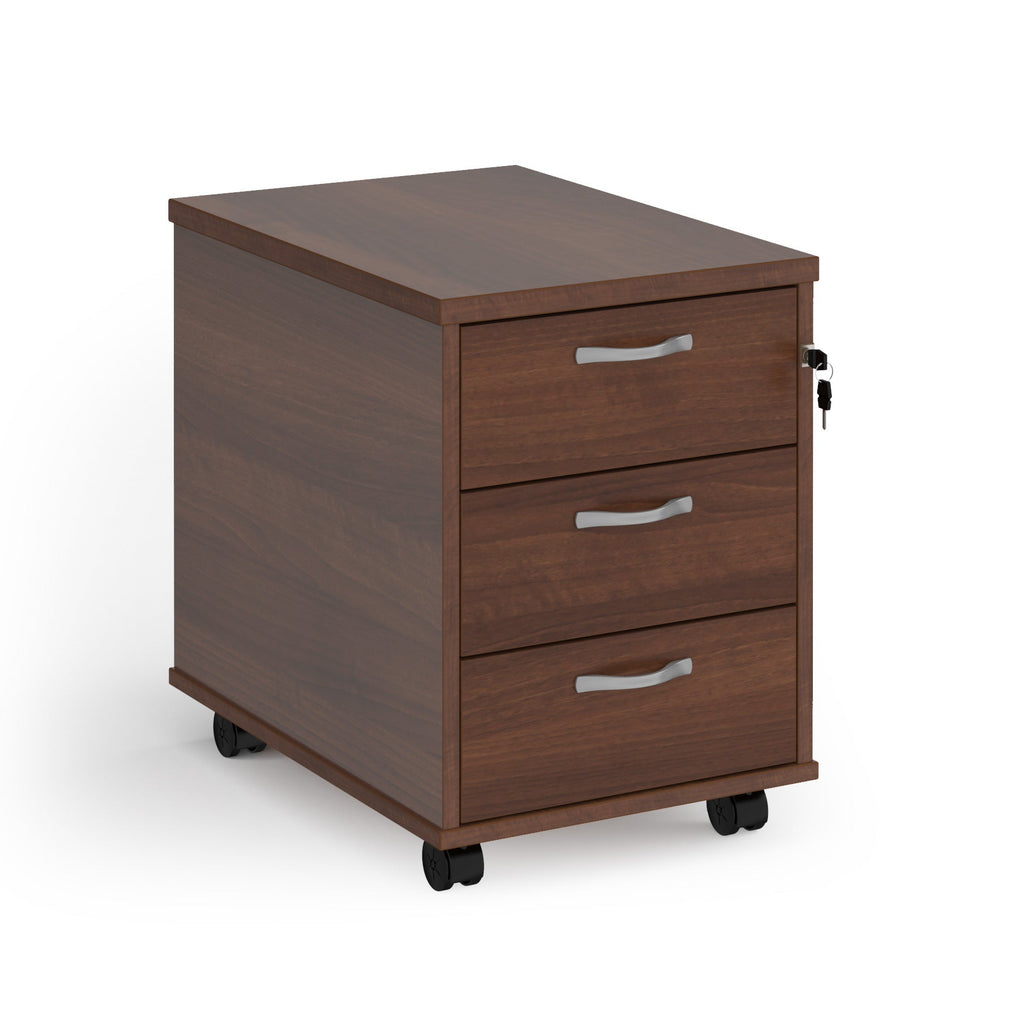 Wooden file cabinet with three drawers on wheels against a white background