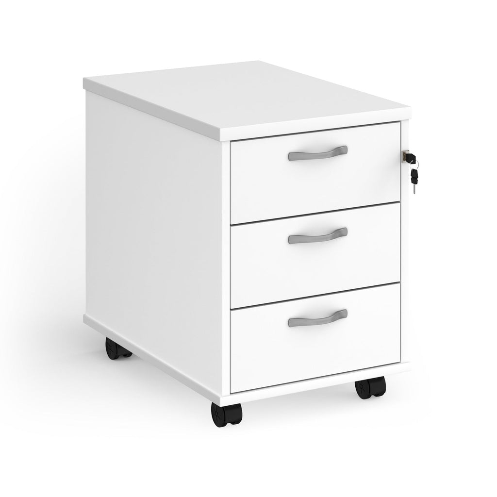 White three-drawer filing cabinet on wheels with a lock on a white background