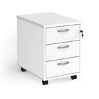 White three-drawer filing cabinet on wheels with a lock on a white background