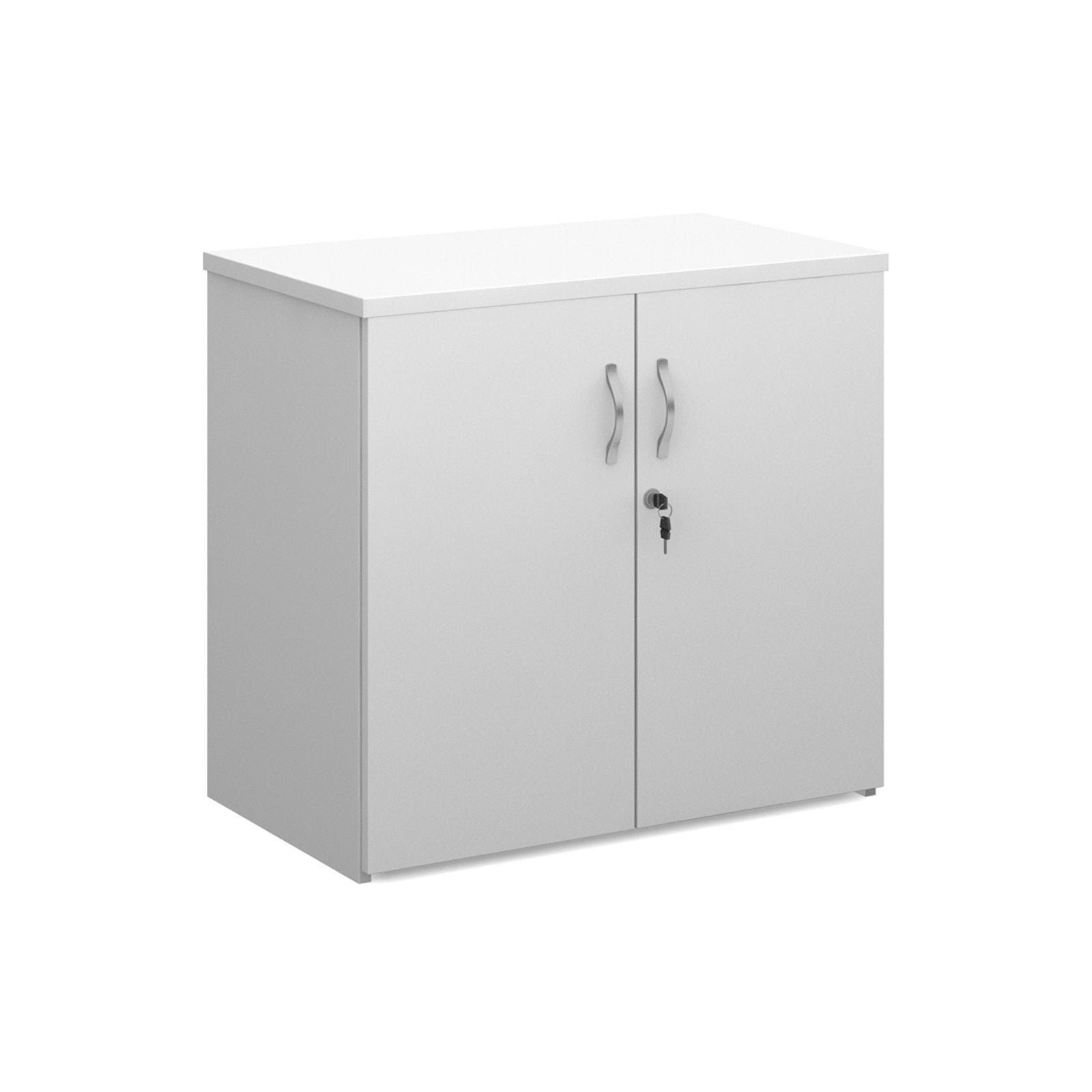 White lockable office cupboard with silver handles, shown on a white background.