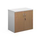 Lockable office cupboard with wood-effect doors and silver handles, shown on a white background.