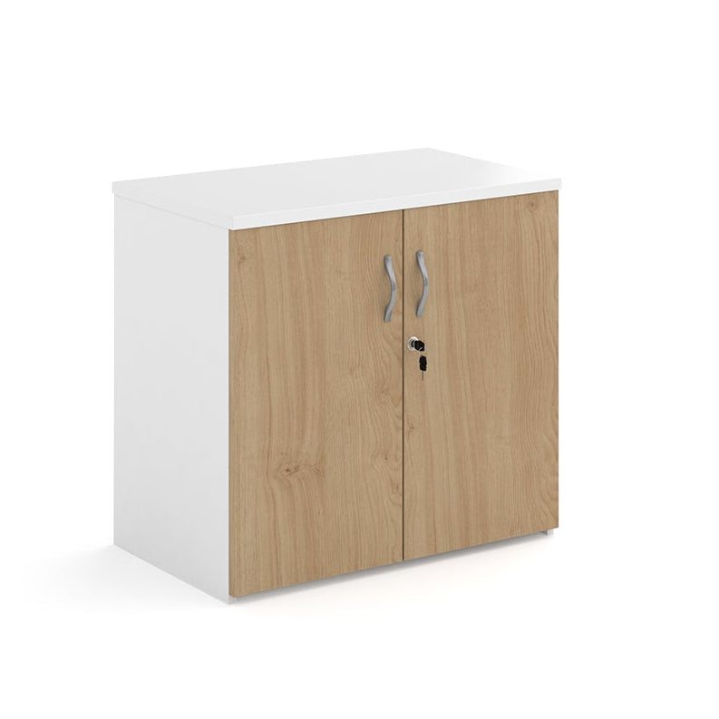 Lockable office cupboard with wood-effect doors and silver handles, shown on a white background.