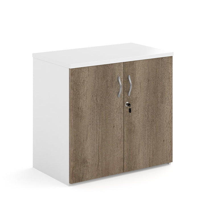 Lockable office cupboard with wood-effect doors and silver handles, shown on a white background.