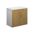 Lockable office cupboard with wood-effect doors and silver handles, shown on a white background.