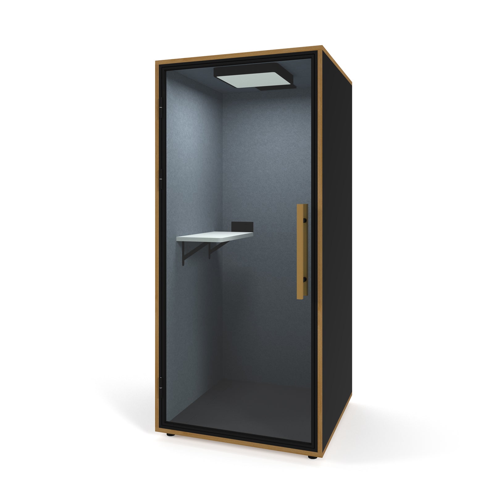 Black single acoustic booth with a table on a white background