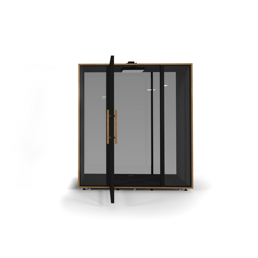 Acoustic booth with glass door, black frame and gold handle on a white background