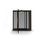 Acoustic booth with glass door, black frame and gold handle on a white background