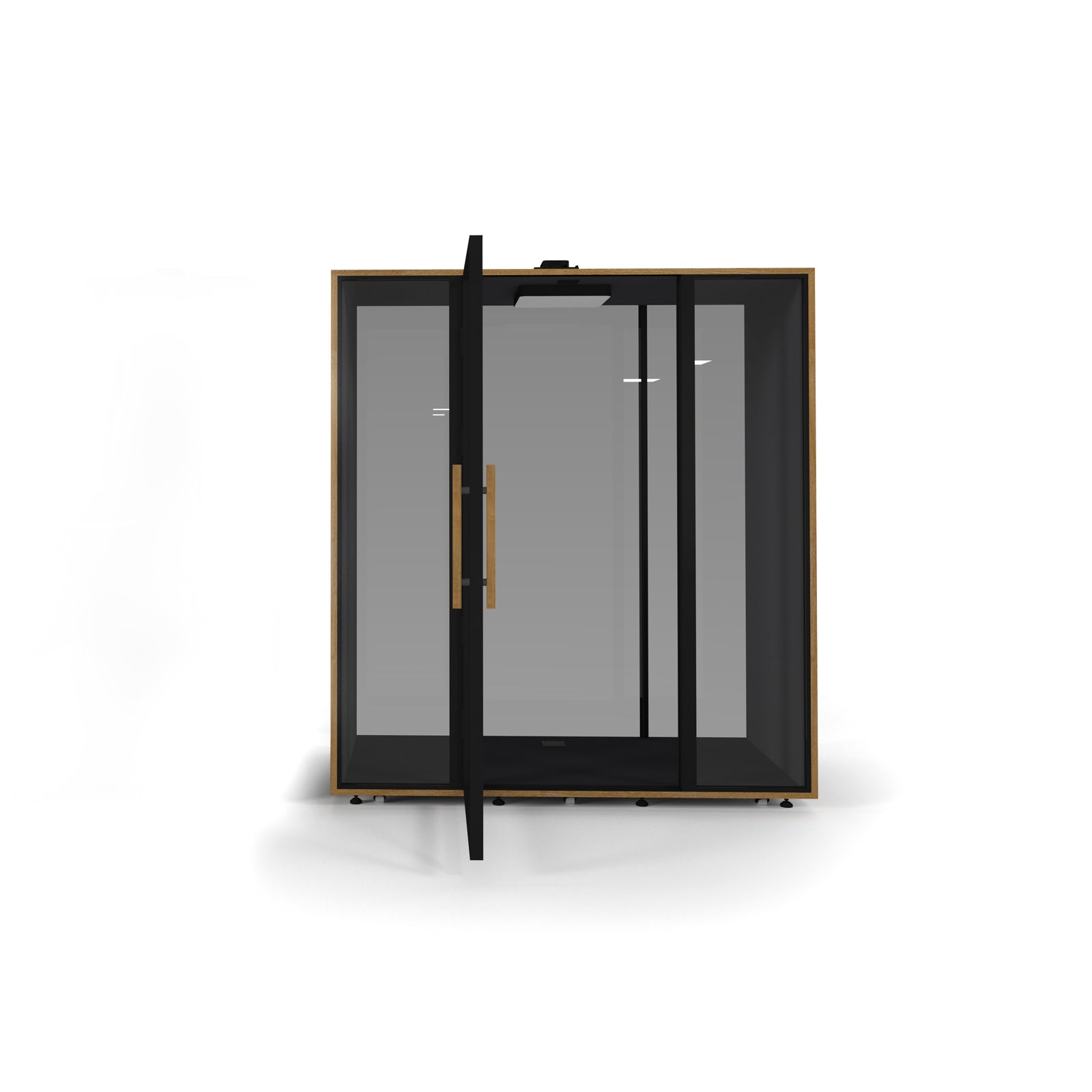 Acoustic booth with glass door, black frame and gold handle on a white background
