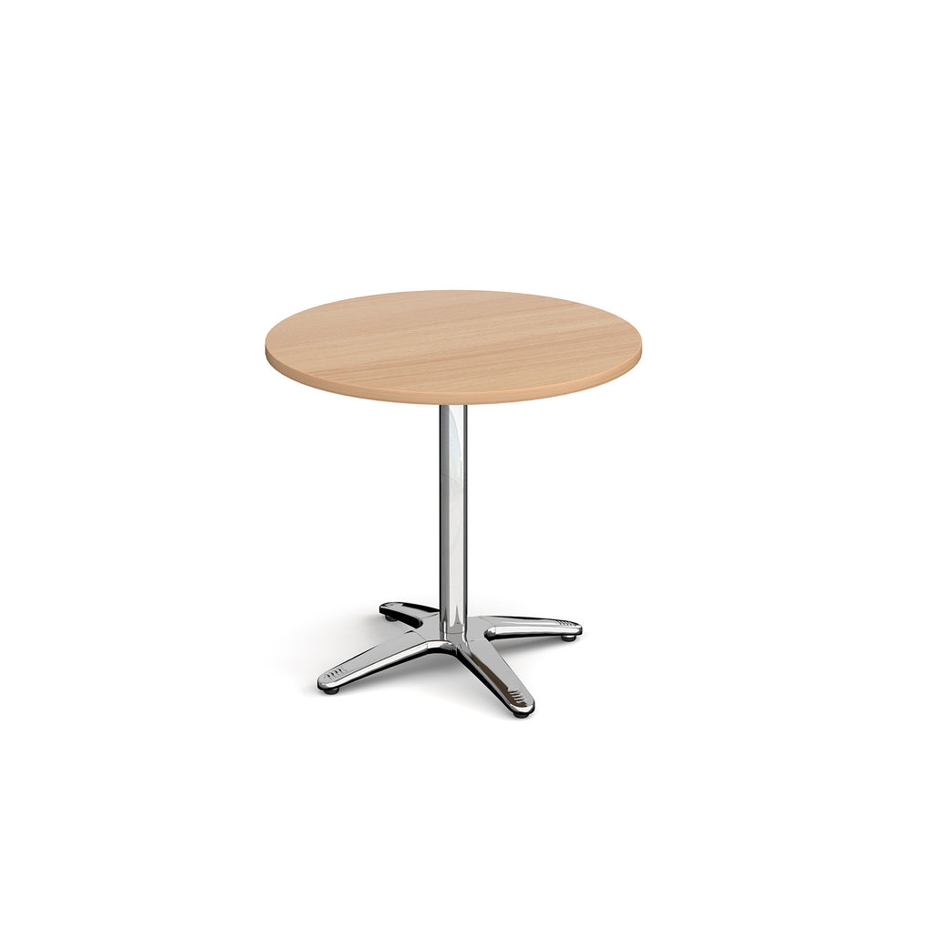 Round wood-effect table with metal base on a white background