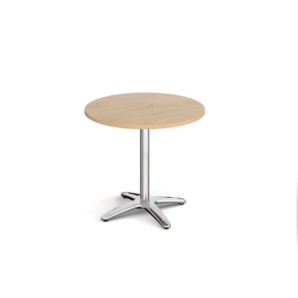 Round wood-effect table with metal base on a white background