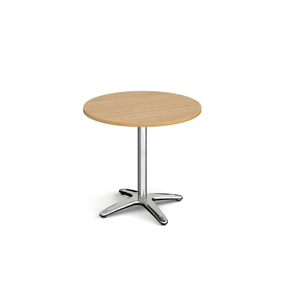 Round wood-effect table with metal base on a white background