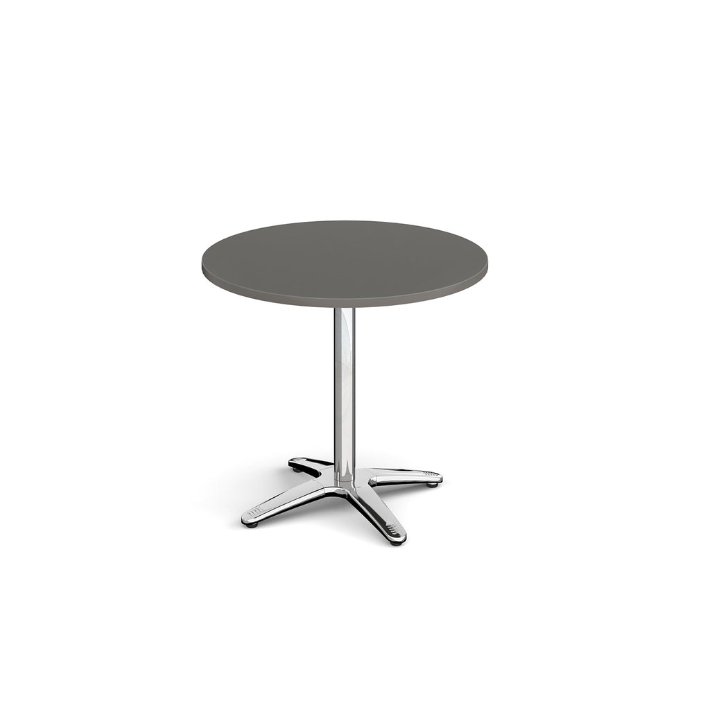 Round grey table with a metal base on a white background