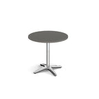 Round grey table with a metal base on a white background