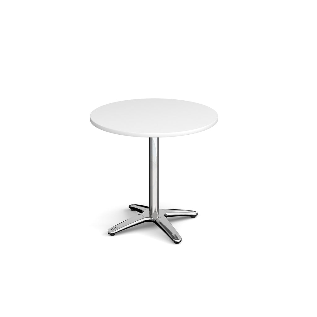 Round white table with a metal base on a white background