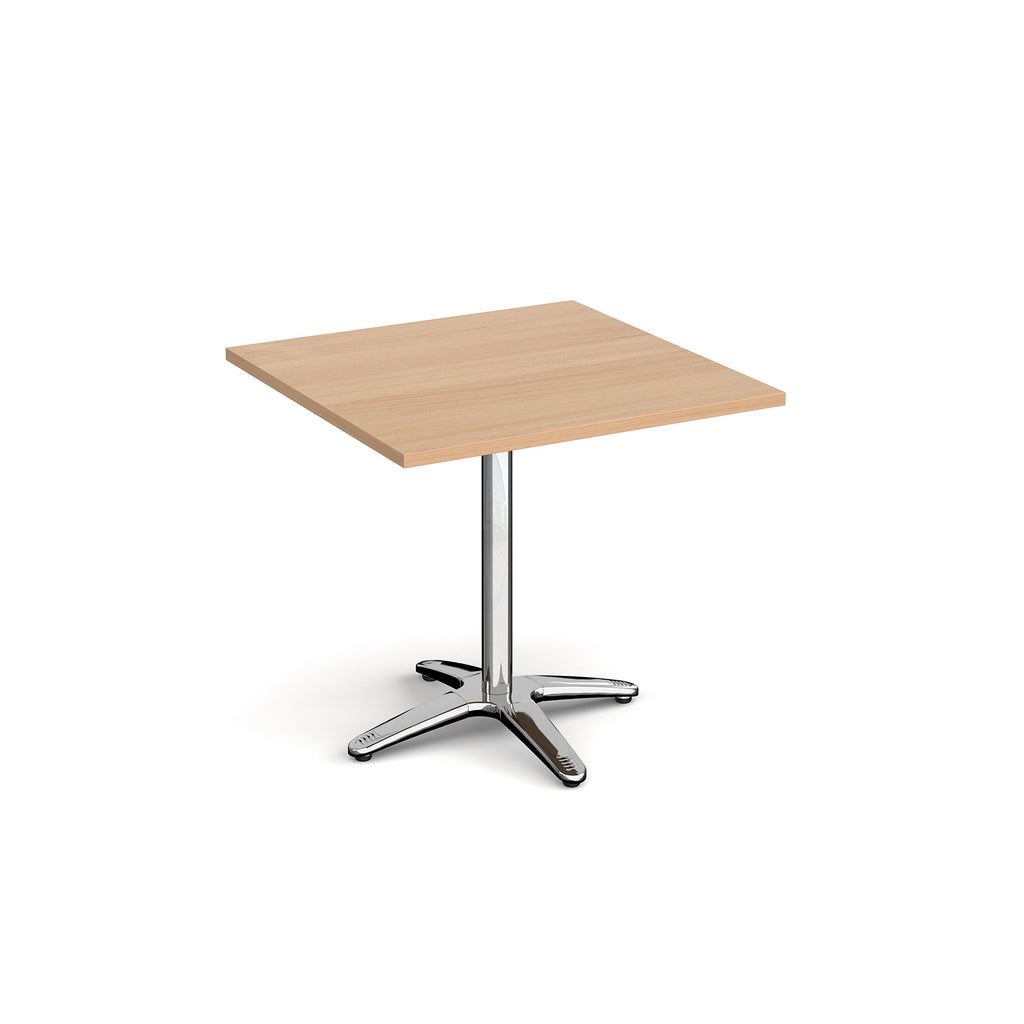 Square table with a wood-effect top and chrome base on a white background