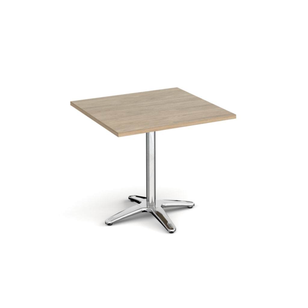 Square table with a wood-effect top and chrome base on a white background