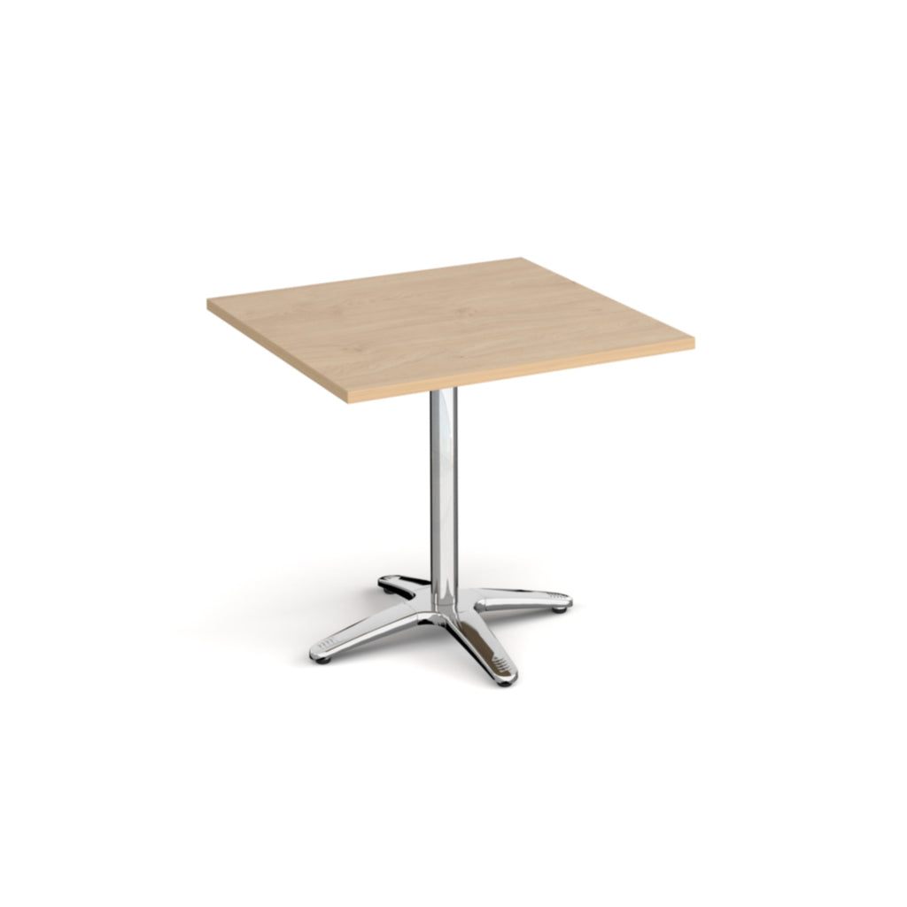 Square table with a wood-effect top and chrome base on a white background