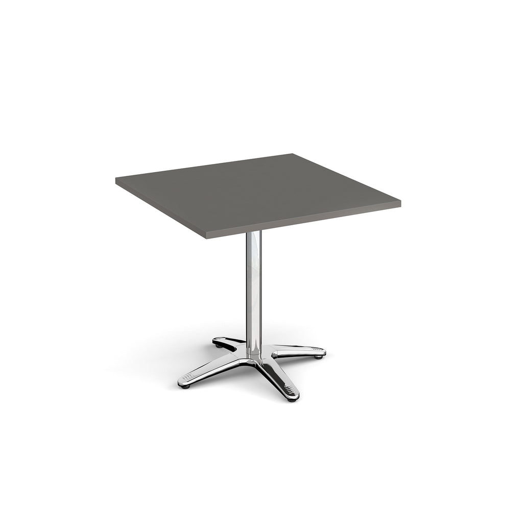 Square table with a grey top and chrome base on a white background