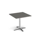 Square table with a grey top and chrome base on a white background