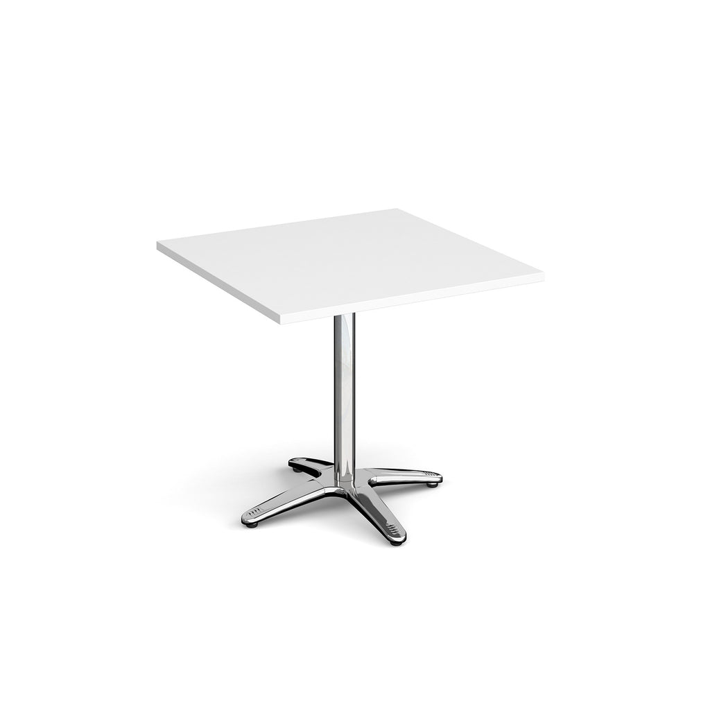 White square table with a metal base on a white background