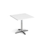White square table with a metal base on a white background
