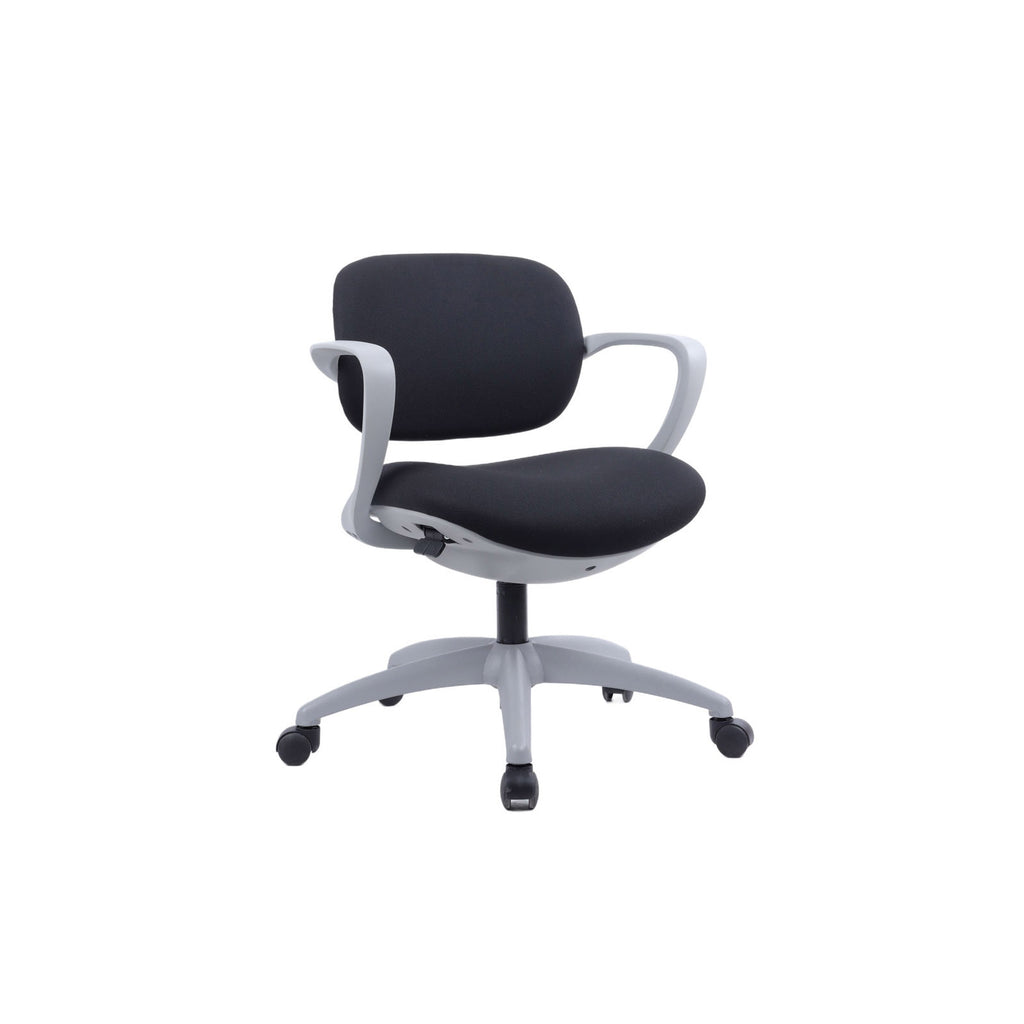 A modern office chair with a black fabric upholstered seat and backrest, supported by a light grey five-star wheeled base with armrests.