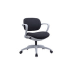 A modern office chair with a black fabric upholstered seat and backrest, supported by a light grey five-star wheeled base with armrests.
