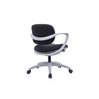 A modern office chair with a black fabric upholstered seat and backrest, supported by a light grey five-star wheeled base with armrests.
