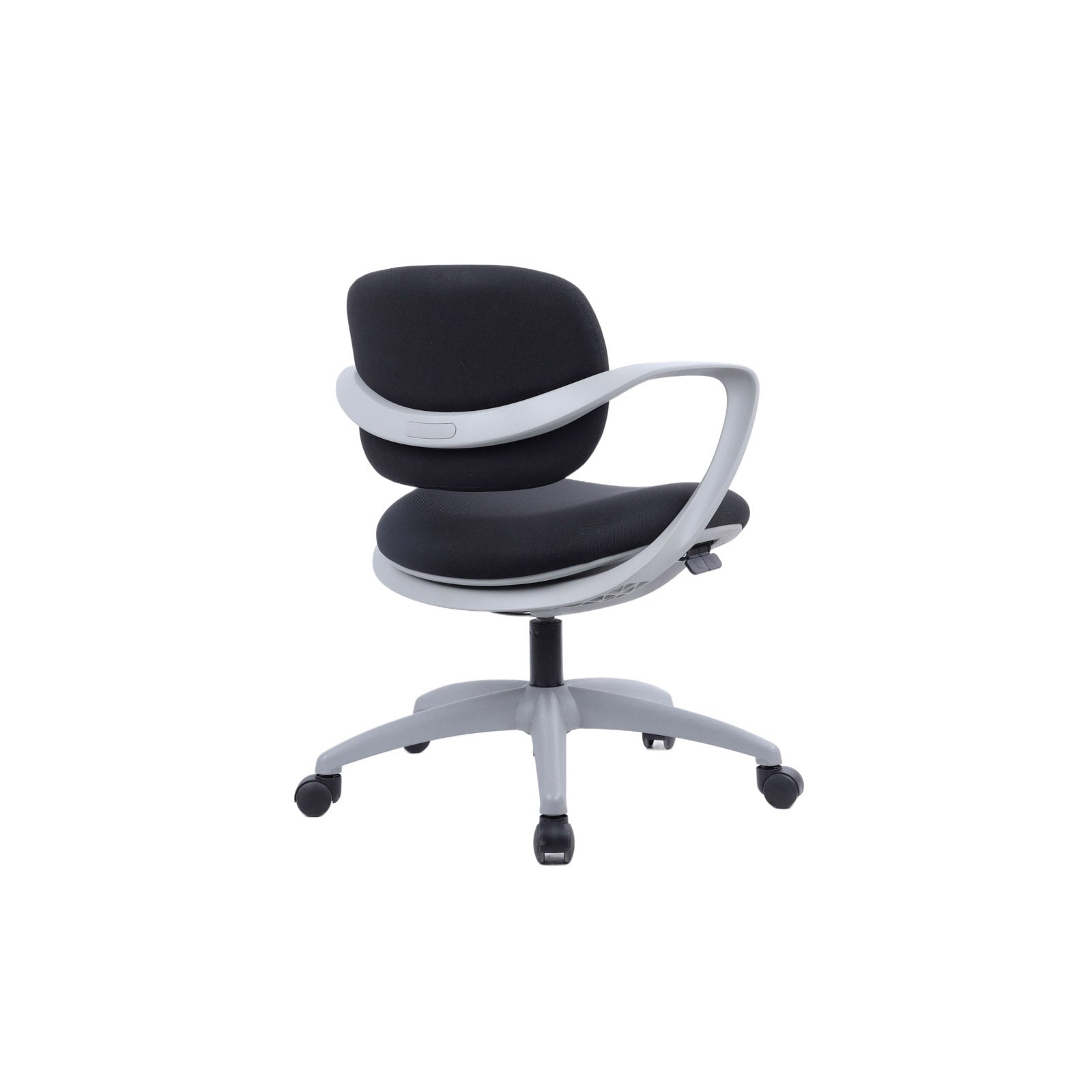 A modern office chair with a black fabric upholstered seat and backrest, supported by a light grey five-star wheeled base with armrests.