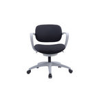 A modern office chair with a black fabric upholstered seat and backrest, supported by a light grey five-star wheeled base with armrests.