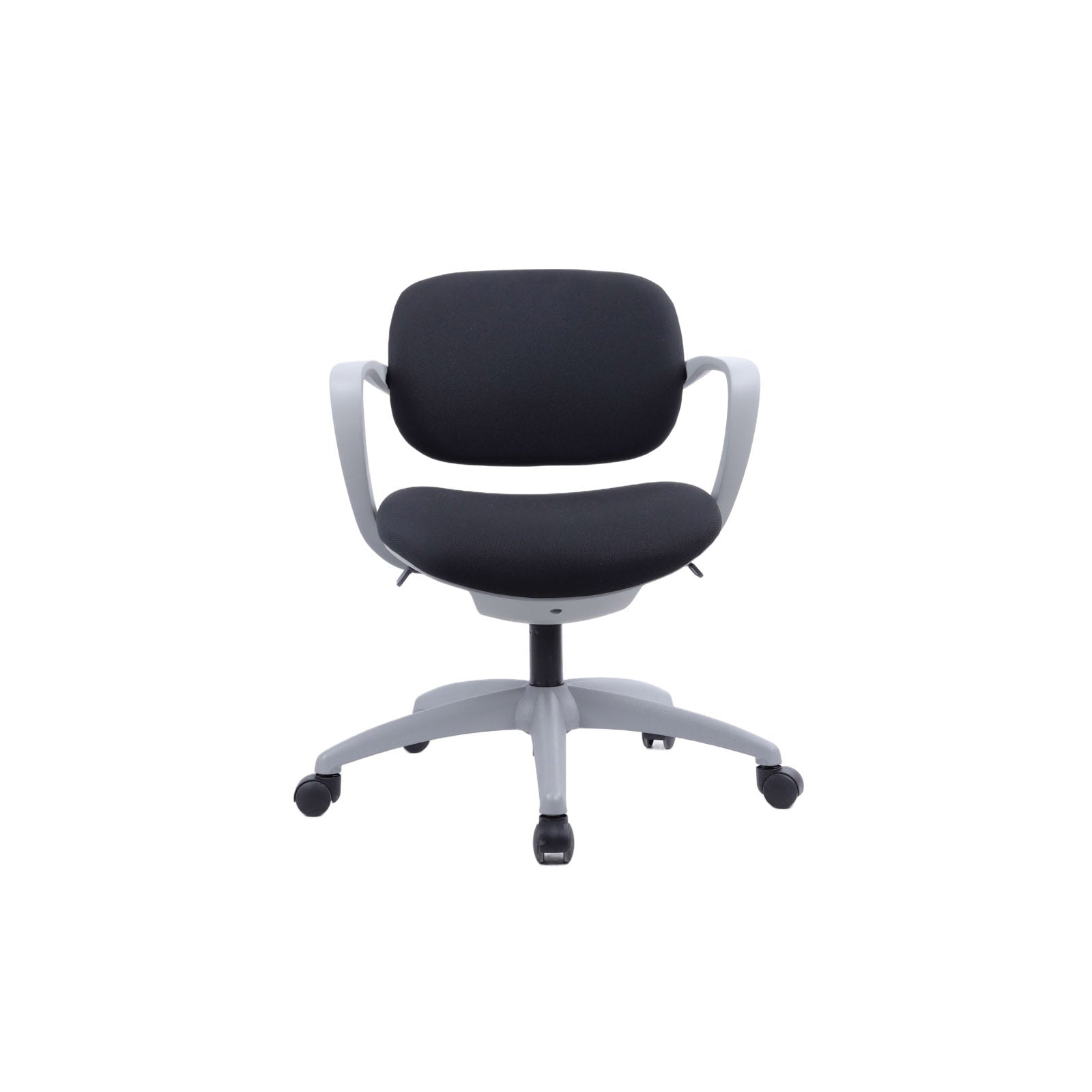 A modern office chair with a black fabric upholstered seat and backrest, supported by a light grey five-star wheeled base with armrests.