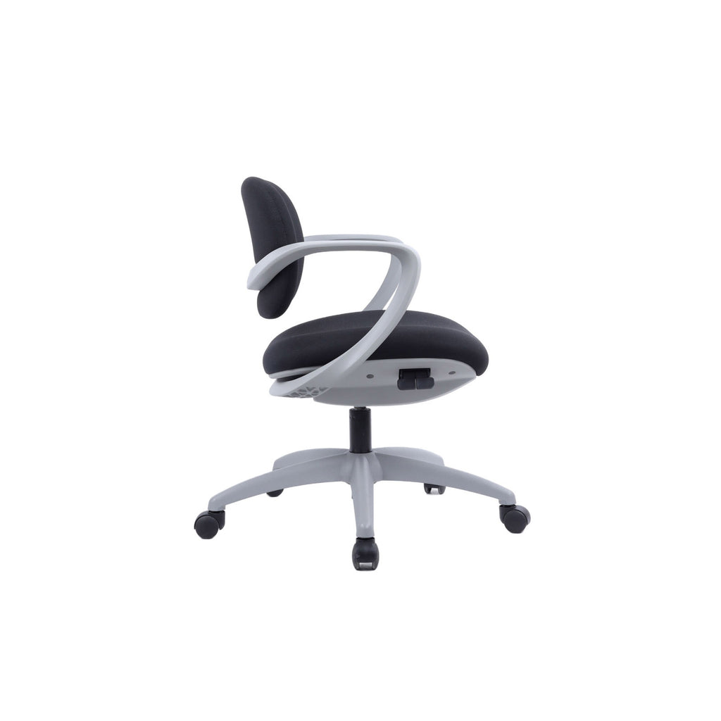 A modern office chair with a black fabric upholstered seat and backrest, supported by a light grey five-star wheeled base with armrests.