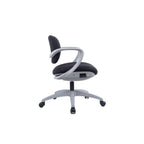 A modern office chair with a black fabric upholstered seat and backrest, supported by a light grey five-star wheeled base with armrests.