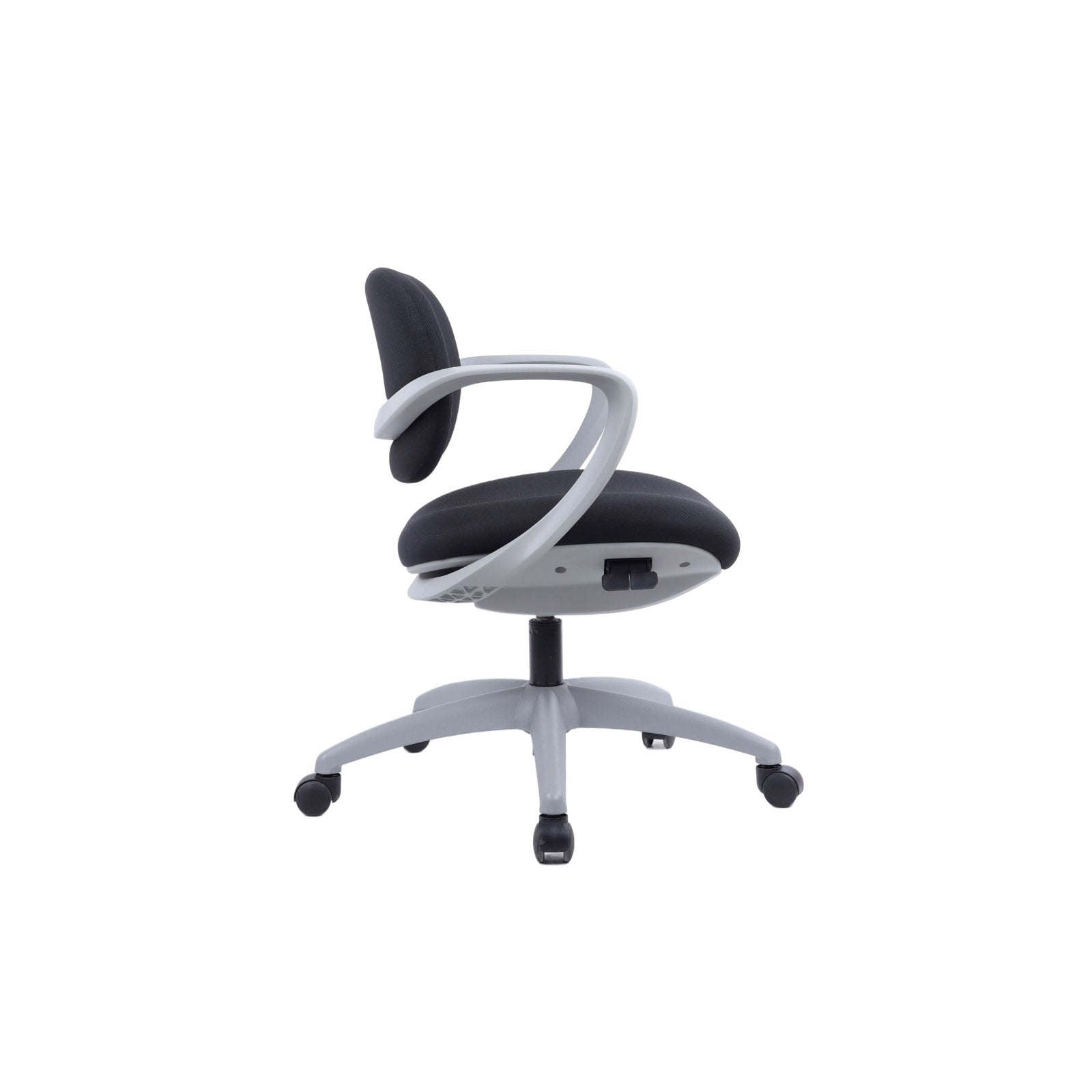 A modern office chair with a black fabric upholstered seat and backrest, supported by a light grey five-star wheeled base with armrests.