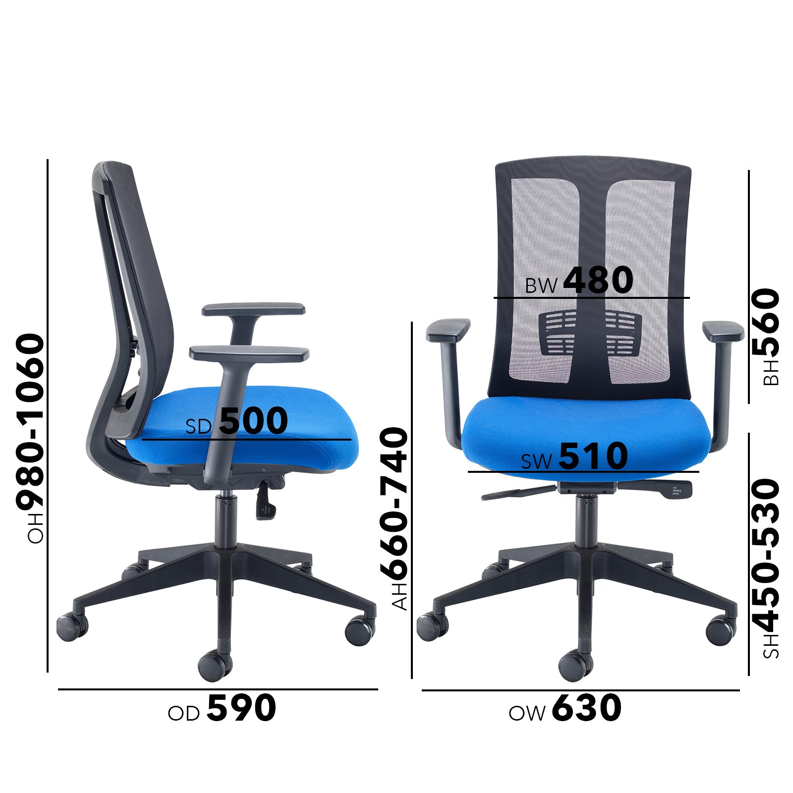 Blue office chair with dimensions on a white background