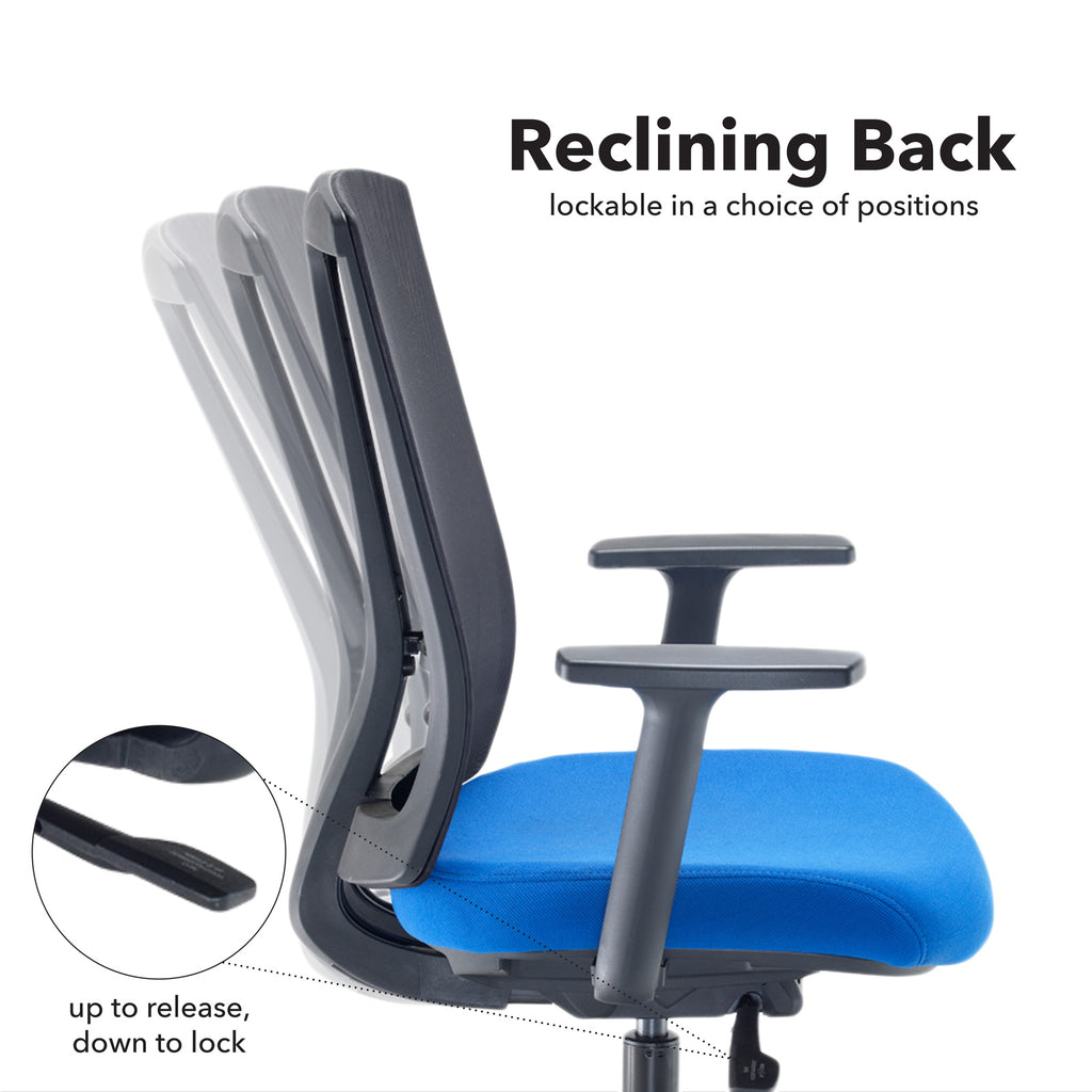 Blue office chair with reclining back feature on a white background
