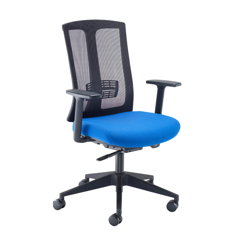 Adjustable office task chair with a black mesh backrest, blue upholstered seat, height-adjustable armrests, and five-star wheeled base, shown on a white background.
