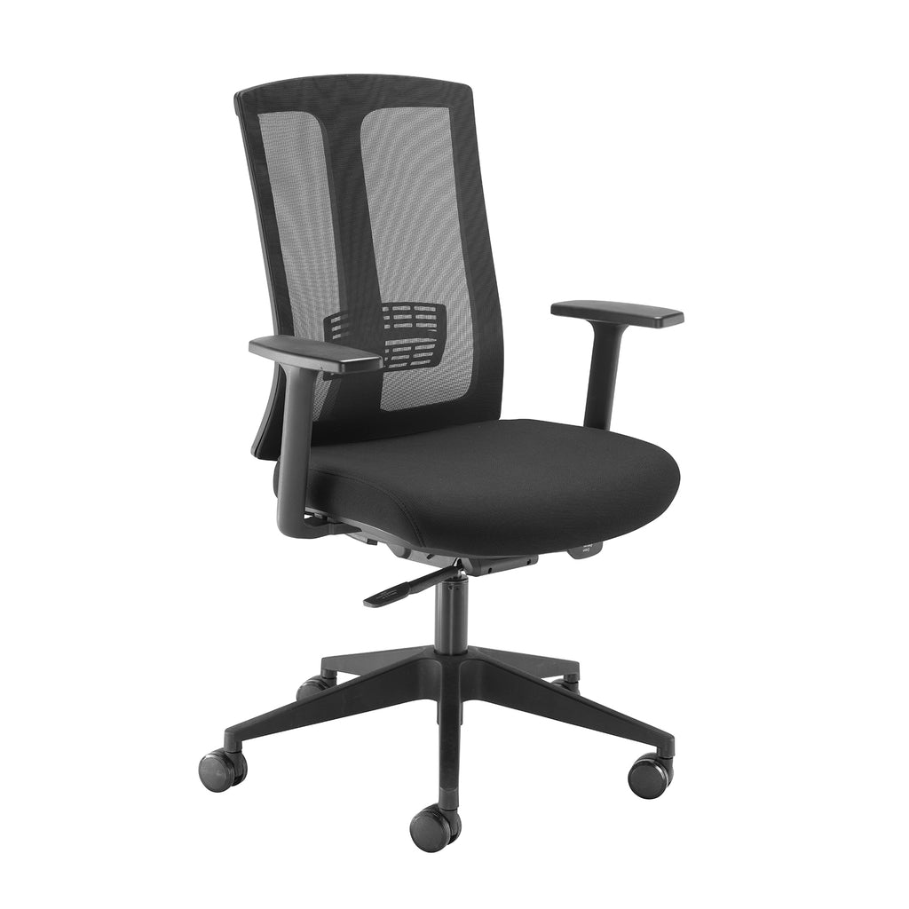 Adjustable office task chair with a black mesh backrest, upholstered seat, height-adjustable armrests, and five-star wheeled base, shown on a white background.