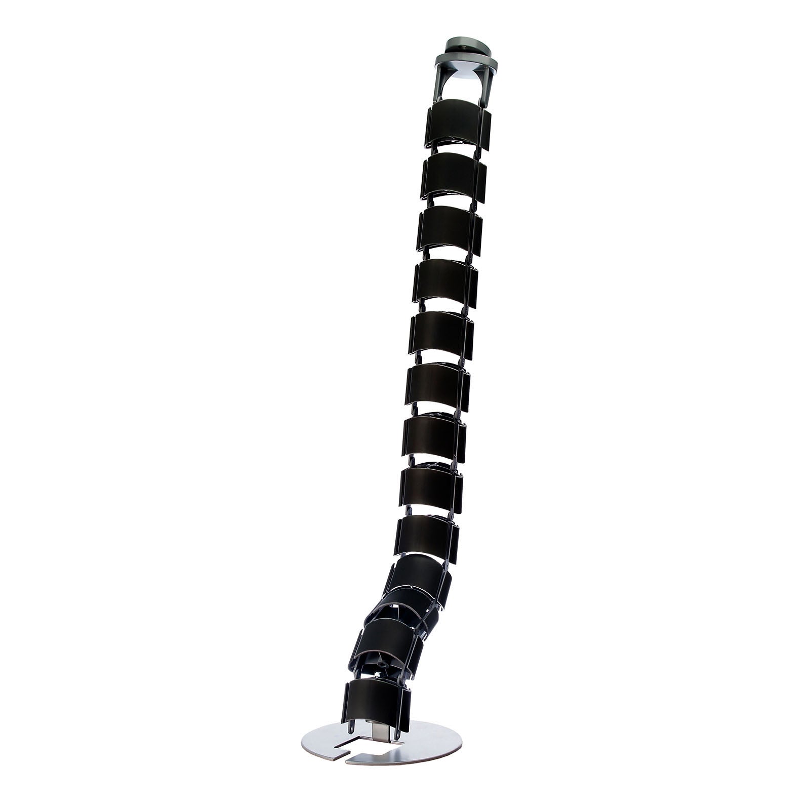 Vertical desk cable management spine with a black finish, segmented flexible design, and weighted base, shown on a white background.