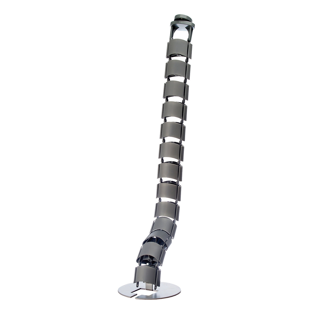 Vertical desk cable management spine with a grey finish, segmented flexible design, and weighted base, shown on a white background.