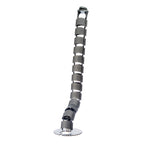 Vertical desk cable management spine with a grey finish, segmented flexible design, and weighted base, shown on a white background.