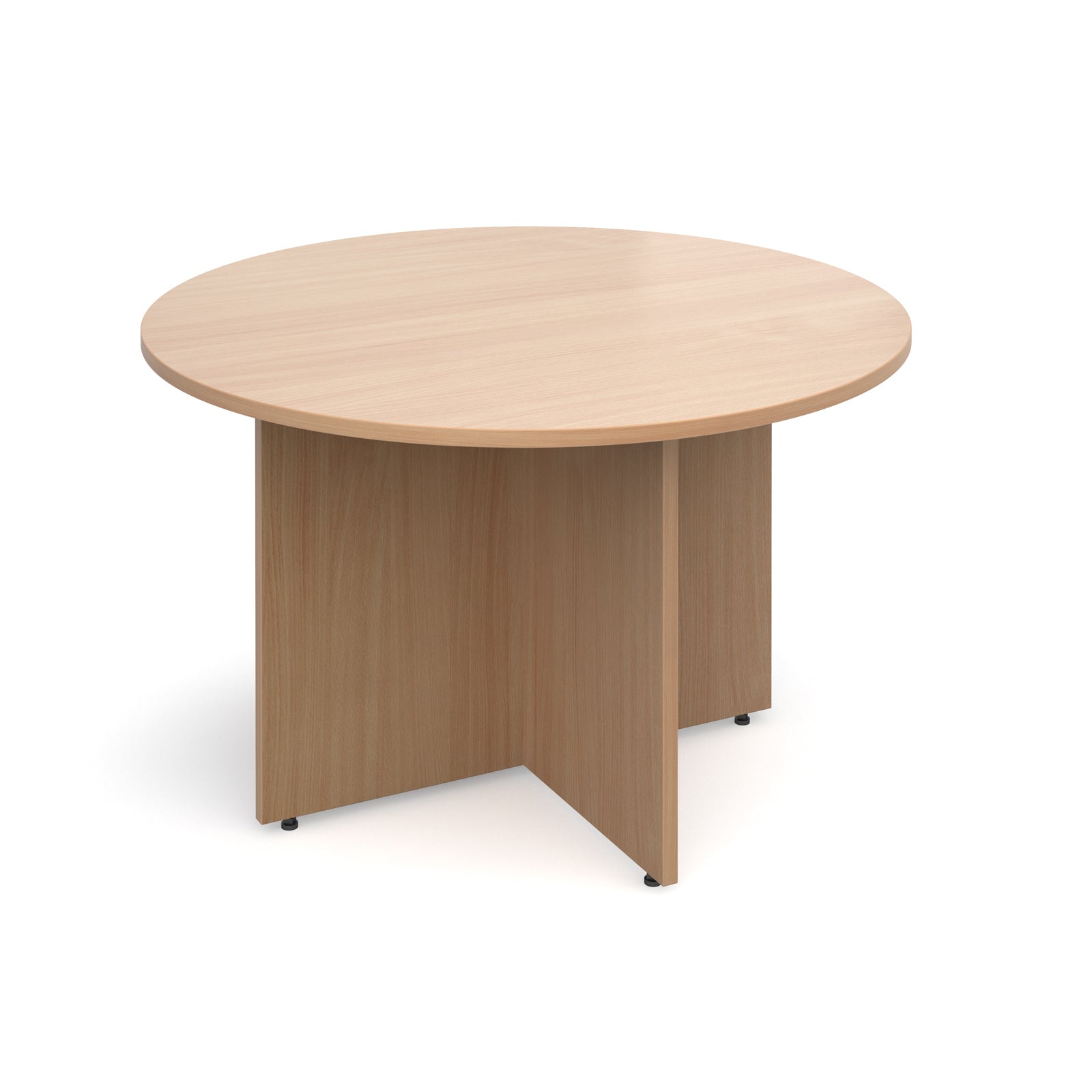 Round meeting table with a light wood-effect finish and panel base support, shown on a white background.