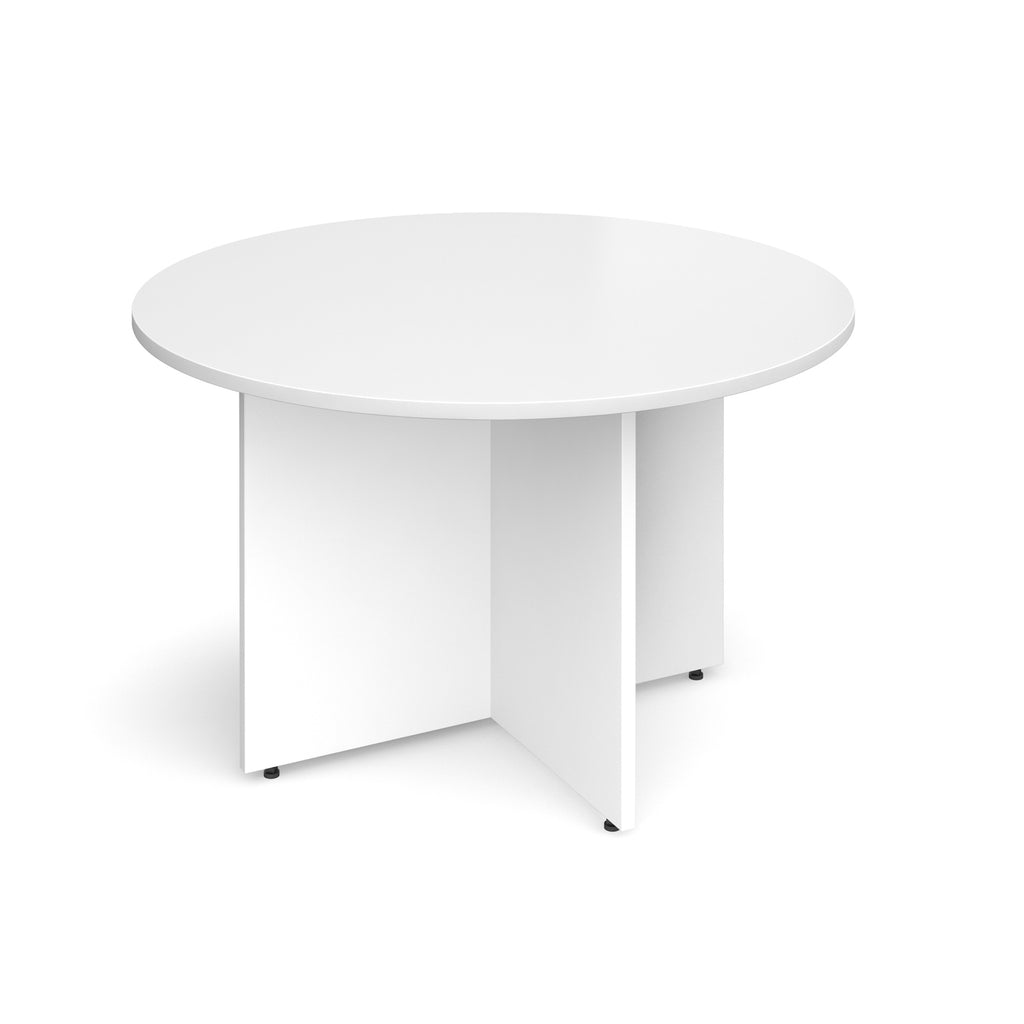 Round meeting table with a white finish and panel base support, shown on a white background.