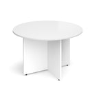 Round meeting table with a white finish and panel base support, shown on a white background.