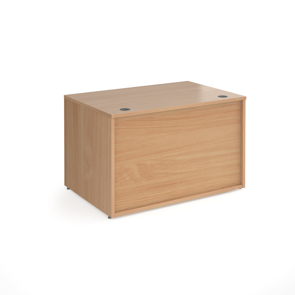 Office reception desk with a light wood-effect carcass and front panel, with twin cable access ports, shown on a white background.