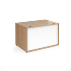 Office reception desk with a light wood-effect carcass, white front panel, and twin cable access ports, shown on a white background.