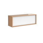 Office reception desk with a light wood-effect carcass, white front panel, and twin cable access ports, shown on a white background.