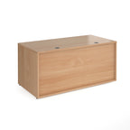 Office reception desk with a light wood-effect carcass and front panel, with twin cable access ports, shown on a white background.