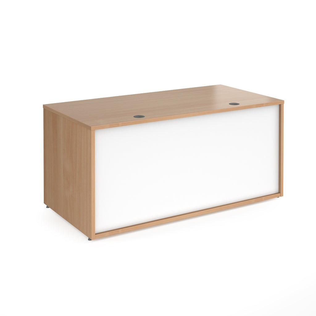 Office reception desk with a light wood-effect carcass, white front panel, and twin cable access ports, shown on a white background.