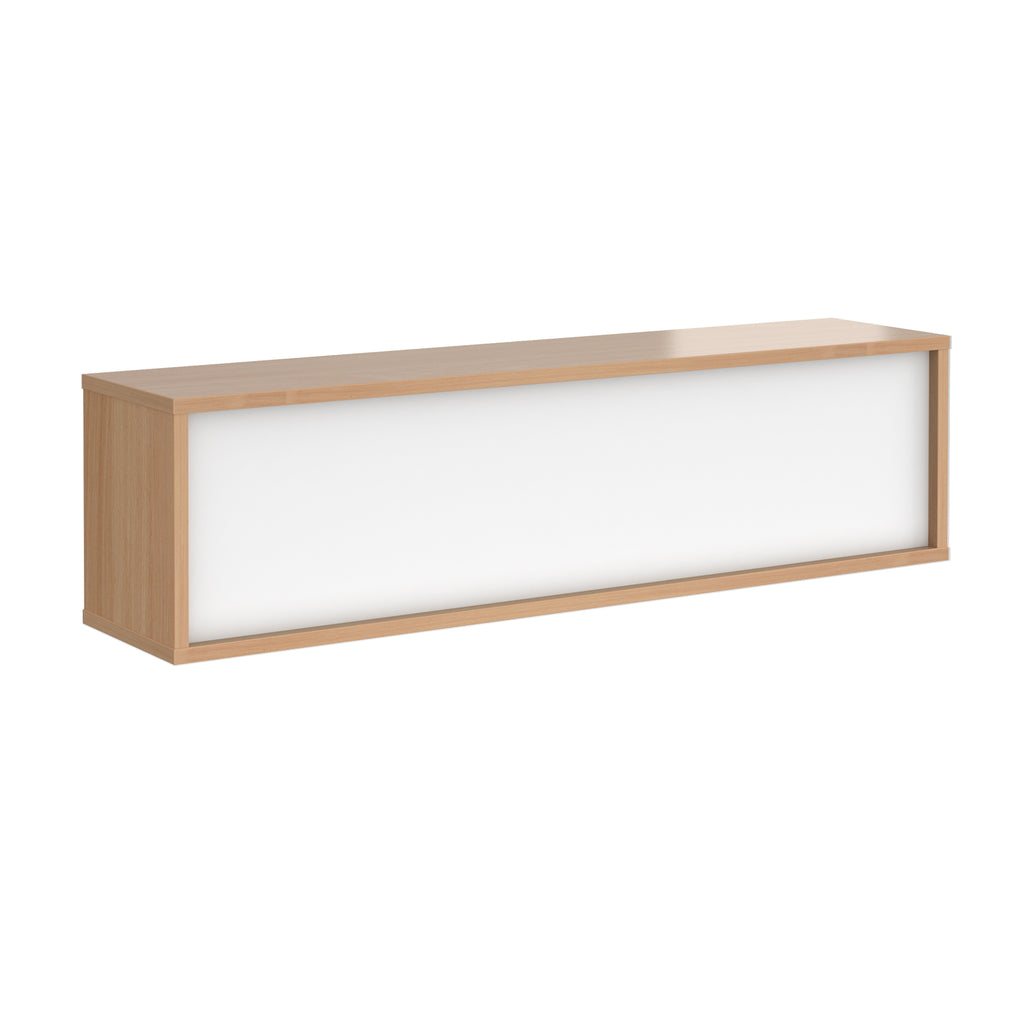 Office reception desk with a light wood-effect carcass, white front panel, and twin cable access ports, shown on a white background.